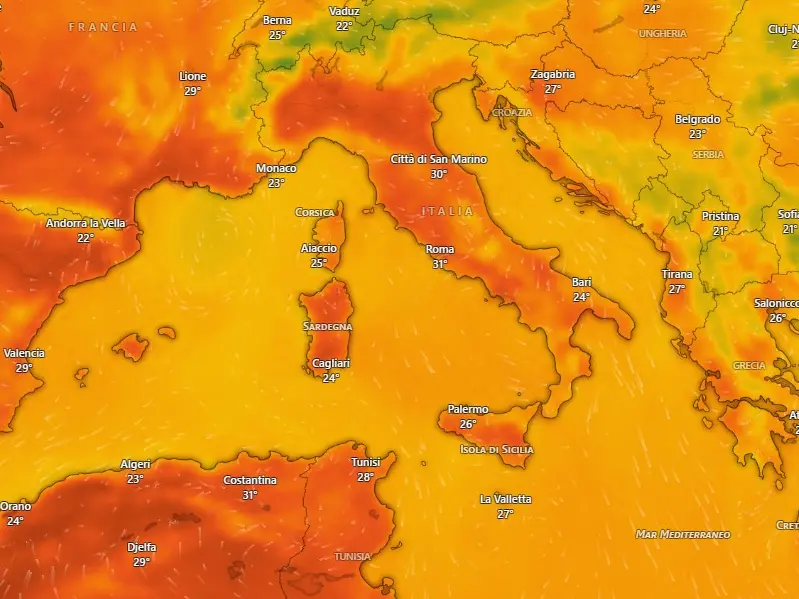 Meteo Veneto: arriva l’anticiclone africano, prima ondata di caldo con temperature fino a 35 gradi (foto Windy)