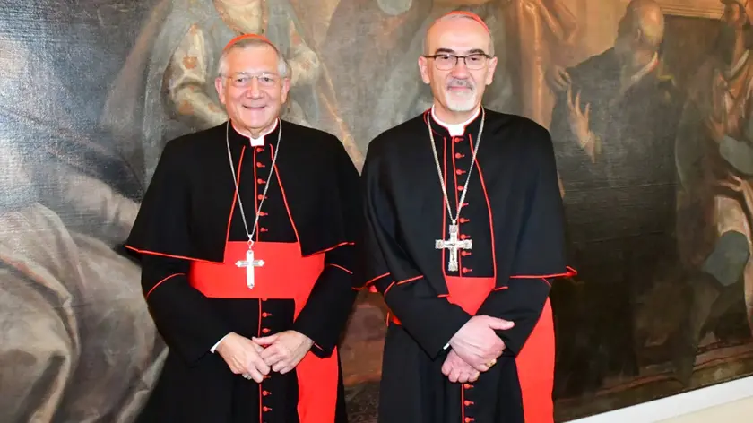 Francesco Moraglia e Pierbattista Pizzaballa nella sede del Patriarcato di Venezia a San Marco (foto Interpress)