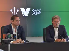 Filippo Antonelli e Giovanni Stroppa, direttore sportivo e allenatore del Venezia, alla prima conferenza stampa della stagione prima del ritiro (foto Pòrcile)