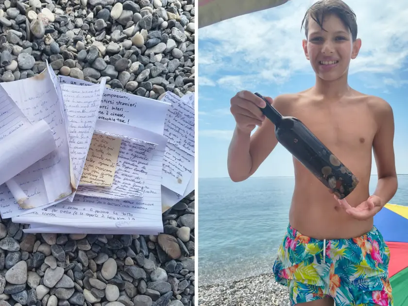 A sinistra i messaggi trovati nella bottiglia, a destra Massimiliano Mazzoli, 10 anni