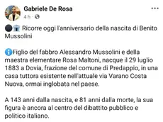 Il post su Mussolini del consigliere FdI Gabriele De Rosa