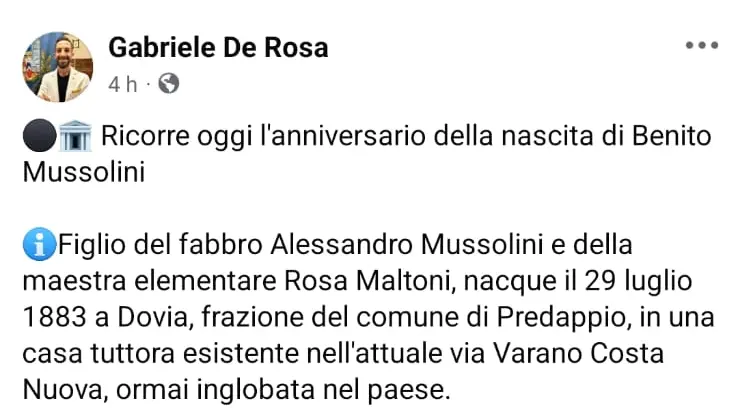 Il post su Facebook di De Rosa