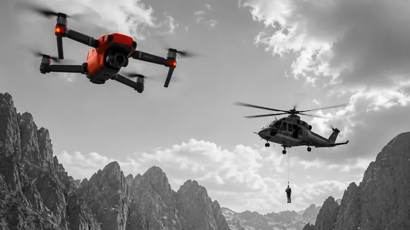 Un drone in volo durante un intervento del soccorso alpino (immagine generata con l'intelligenza artificiale)