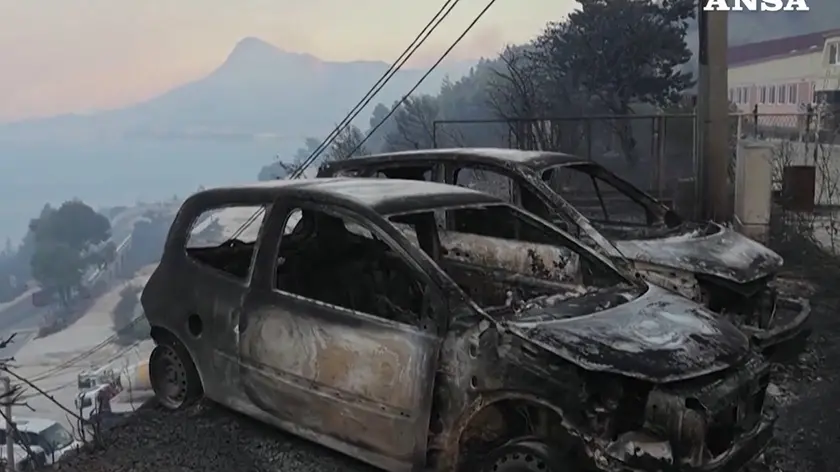 Le carcasse delle auto distrutte dall'incendio in Croazia (Ansa)