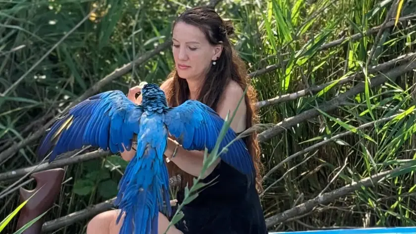 Erika Tamas con il pappagallo Dex salvato lungo il Sile