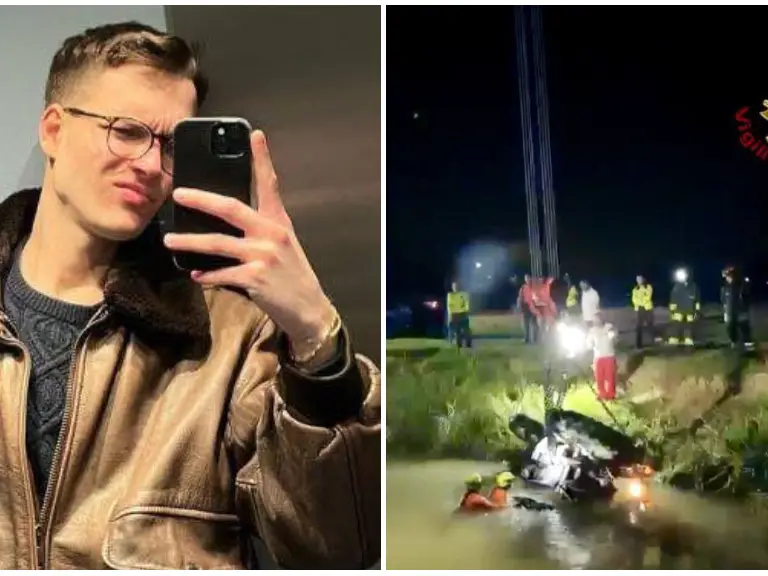 La vittima Michele Cecconi e il recupero del trattore (foto vigili del fuoco)