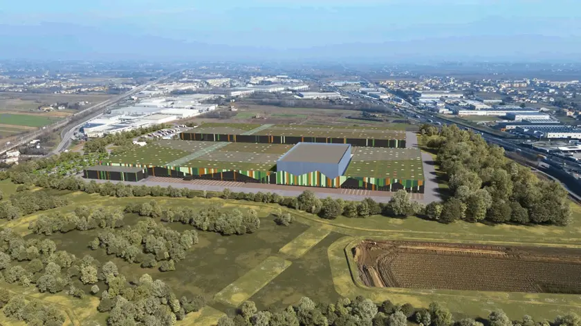 Un rendering del polo logistico del Gruppo Unicomm previsto a Dolo
