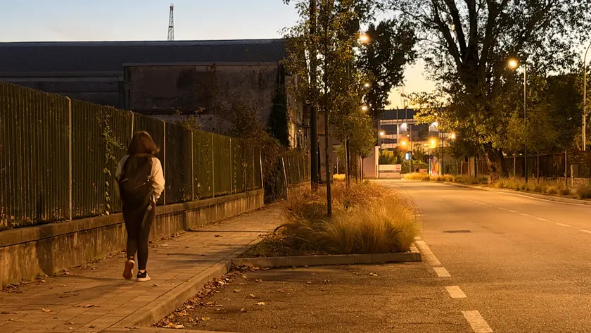 Una studentessa si allontana dal campus scientifico di Ca’ Foscari all’imbrunire (foto Pòrcile)
