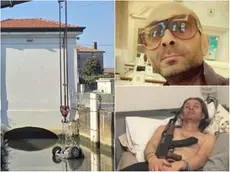 L'auto recuperata nel canale. Sopra a destra Matteo Mandruzzato, sotto Damiano Fuschi con un fucile in uno scatto postato sui social,