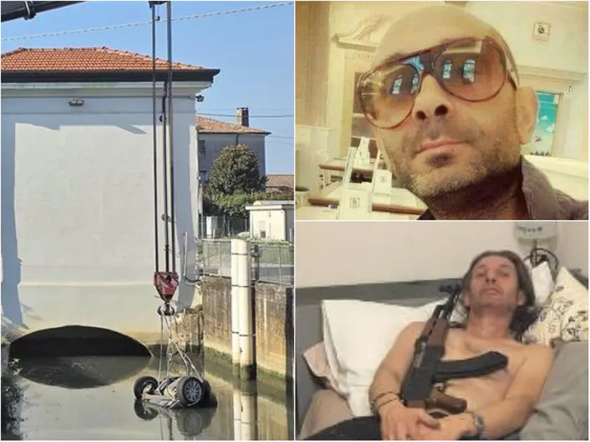 L'auto recuperata nel canale. Sopra a destra Matteo Mandruzzato, sotto Damiano Fuschi con un fucile in uno scatto postato sui social,