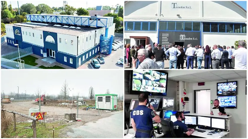 In senso orario, dall’alto: la sede della Castellano vigilanza e quella della Tecnofon, i cantieri di Park 4.0 e la sala operativa di Cds