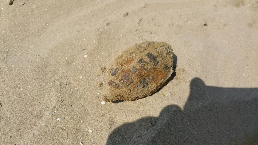 La bomba a mano ritrovata sull'arenile di Jesolo (foto Tommasella)
