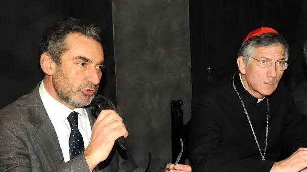 Interpress/Mazzega Scattolin Venezia, 24.01.2015.- S.Apollonia, Incontro con i Gionalisti.- Mella foto da sx Gianluca Amadori, il Patriarca Francesco Moraglia, ..., e il Dir.Corsera Ferrucio De Bortoli il Patriarca Francesco Moraglia con il Dir. Corsera Ferrucio De Bortoli.-