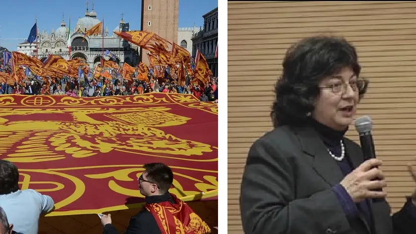 Una manifestazione di venetisti e la professoressa Gianna Marcato