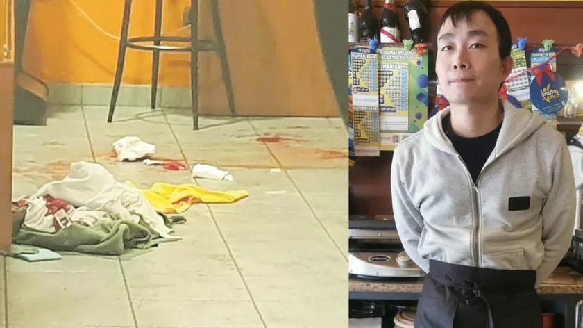 Le tracce di sangue dopo l'accoltellamento e Giovanni, il titolare del bar L'Arcobaleno