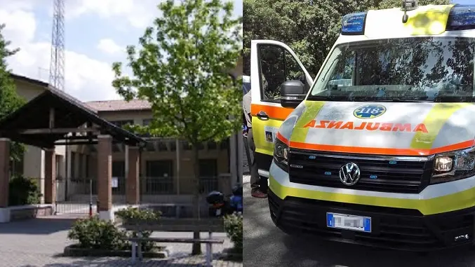 La scuola elementare Marconi di Scorzè e una ambulanza del Suem 118