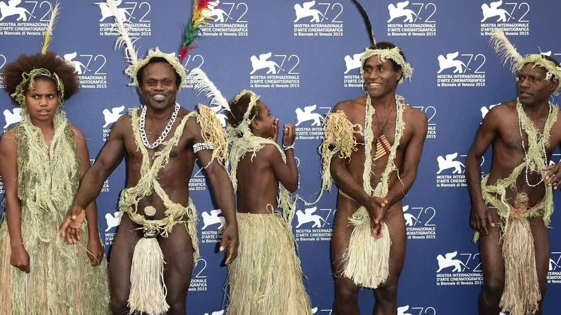 08/09/2015 Venezia, 72 Mostra Internazionale d' Arte Cinematografica. Photocall del film Tanna. Nella foto la tribu' Yakel dell'Isola di Tanna, gli attori in abiti tradizionali