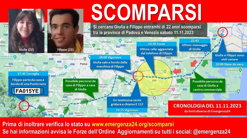 La mappa con i primi spostamenti di sabato sera dei due ragazzi