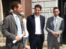Carrai Interpress/M.Tagliapietra Venezia 21.08.2012.- Caso della bambina Celeste. Da sx Avv. Dario Bianchini, Avv. Marco Vorano, Giampaolo Carrer (papà), dr. Marino Andolina. Tribunale Rialto.