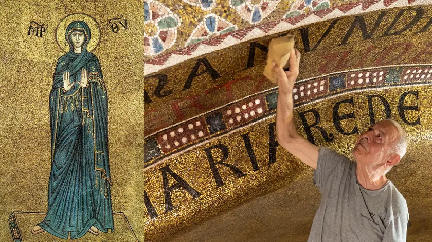 La Madonna Orante, capolavoro del 1100 della scuola veneta. A destra un momento del restauro dell'intero abside