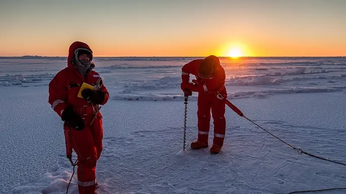 Stationsarbeit. Eisbohrungen, um die Meereisdicke zu bestimmen. Personen: AWI-Meereisphysikerin Priska Hunkeler (links)..Polarsternexpedition ANT-XXIX/6; 8. Juni - 12. August 2013; Kapstadt-Punta Arenas.Ziel der Expedition: Ein interdisziplinäres Forschungsprogramm in Atmosphäre, Meereis, Ozean und Ökosystem im antarktischen Winter, um die physikalischen und biogeochemischen Eigenschaften und Prozesse während der Wachstumsphase des Meereises besser zu verstehen. Fahrt war die erste antarktische Winterexpedition seit dem Jahr 2006. (Kurs wie im Winterexperiment 1992) ...English..Work on the sea ice during an ice station. Drilling for thickness measurements...Polarsternexpedition ANT-XXIX/6; 8. June - 12. August 2013; Cape Town -Punta Arenas (Chile); The aim of the cruise is to carry out an interdisciplinary research programm on atmosphere, sea ice, ocean, and ecosystem during winter to obtain an understanding of physical and biogeochemical properties and processes during the sea ice growth season. It was the first Antarctic winter expedition since the year 2006....