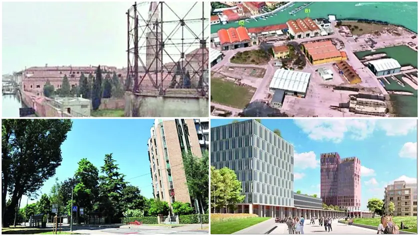 Dall’alto a sinistra, senso orario: l’ex Gasometro, l’aera ex cantieri Actv, il rendering della stazione di via Ulloa, l’area della torre in viale San Marco