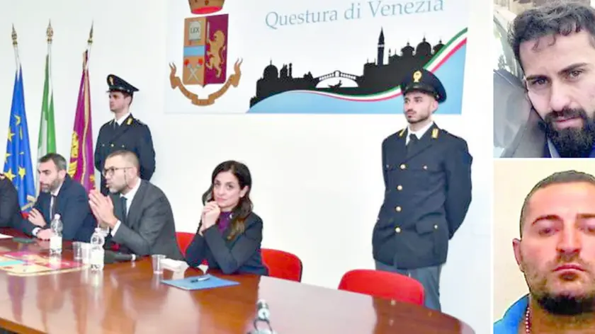 La conferenza stampa in questura a Venezia per spiegare i dettagli dell’arresto dei tre veneziani. A destra,in alto Marco Raduano e, sotto,Gianluigi Troiano