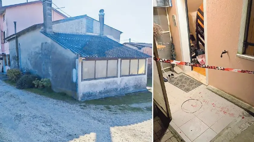 L’abitazione della famiglia Biondo, dove i rapinatori sono entrati per rubare e hanno sparato per assicurarsi la fuga. A destra, i segni del sangue sul pavimento
