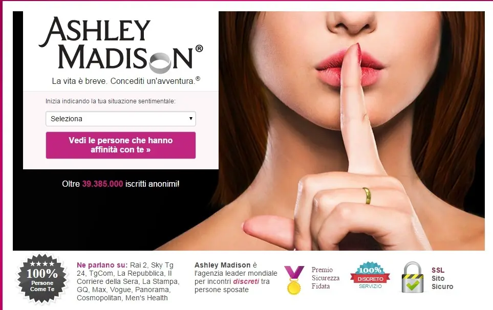 La home page del sito Asley Madison, specializzato nelle scappatelle extraconiugali