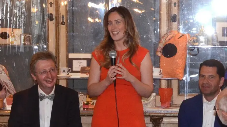 Interpress/Mazzega Morsego Venezia, 08.05.2015.- Caffè Florian, Felice Casson con il Min. Maria Elena Boschi ed Alberto Nardi Pres. Ass. Piazza San Marco.-