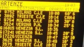 Il tabellone con l'annuncio dei ritardi nella stazione di Mestre (ph Giusppe Bettiol)