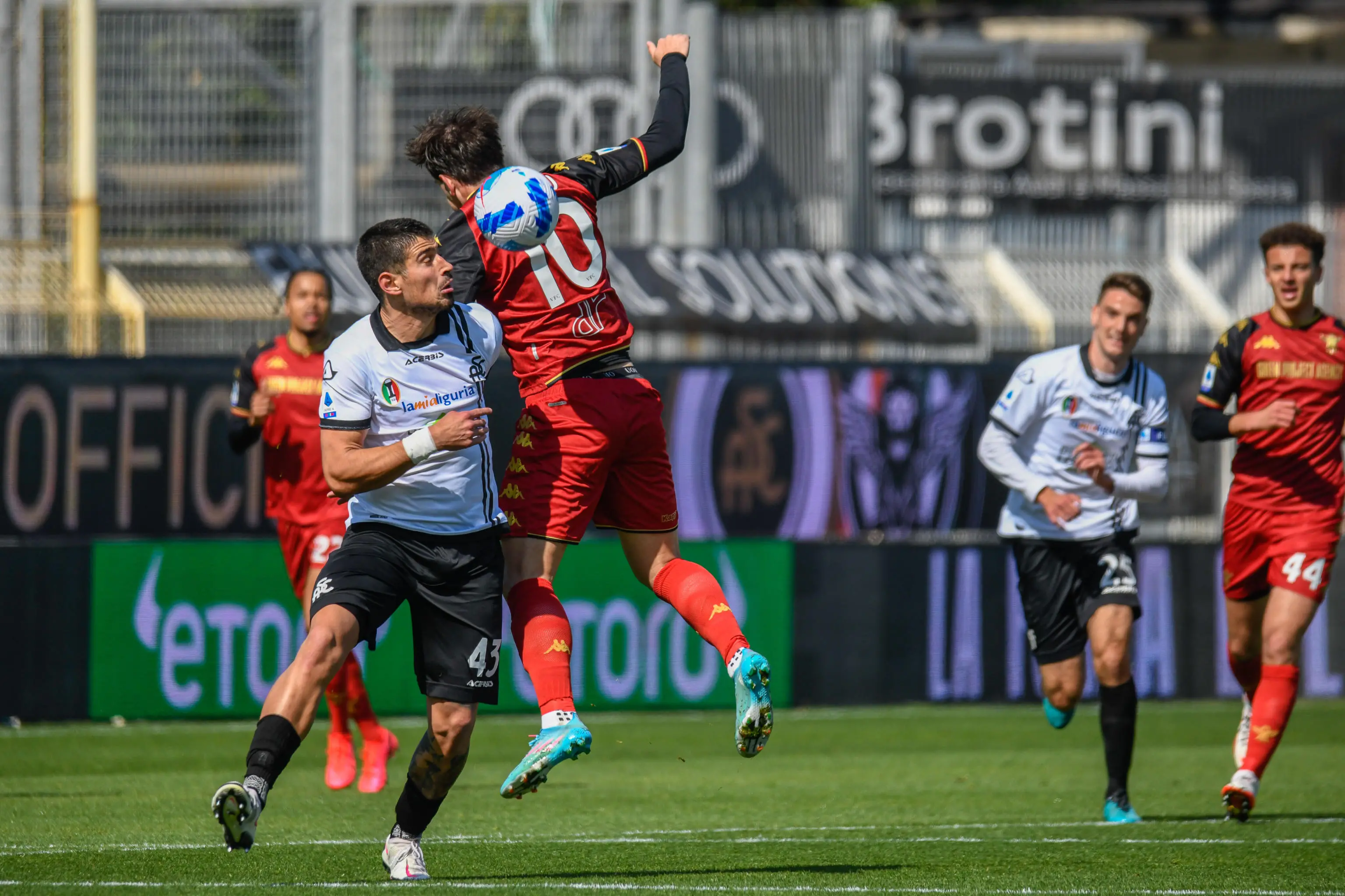 Spezia's Dimitrios Nikolaou fights for the ball against Venezia's Mattia Aramu during the italian soccer Serie A match Spezia Calcio vs Venezia FC at the Alberto Picco stadium in La Spezia, Italy, 02 April 2022 ANSA/FABIO FAGIOLINI