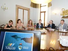 Interpress/M.Tagliapietra Venezia 20.07.2016.- Conferenza stampa "Togliamo i sacchetti di rifiuti dalle calli di Venezia" Cà Farsetti. Andrea Razzini (veritas), Ass. Massimiliano de Martini