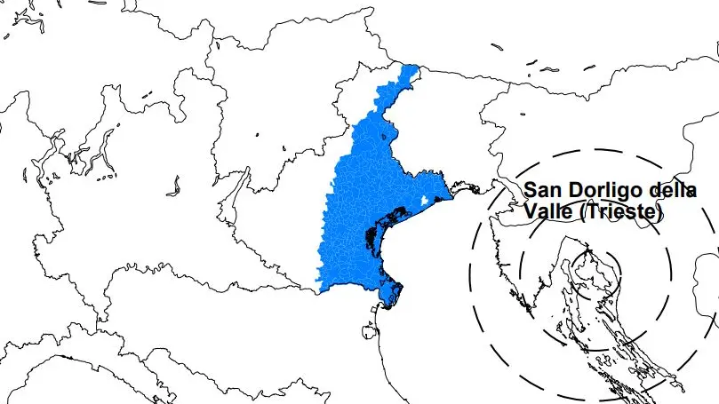 La mappa stimata dei Comuni del Veneto in cui è stata avvertita la scossa (fonte: Regione Veneto)