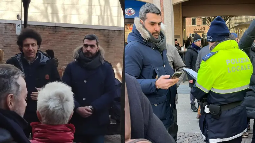 Marco Capparto mentre parla durante l'incontro e a destra l'identificazione degli organizzatori da parte dei vigili urbani