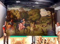 Coltro Interpress/Matteo Tagliapietra 24.08.2012.- Sballato e controllato il quadro del Tiziano "Fuga D'Egitto" arrivato da San Pietroburgo con passaggio a Londra. Gallerie dell'Accademia.