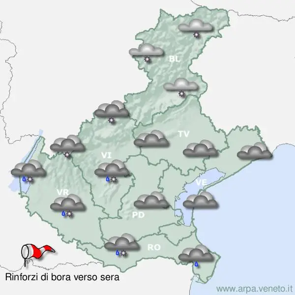 Le previsioni dell'Arpav per venerdì 1 dicembre