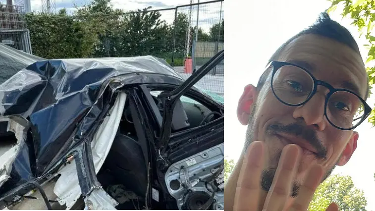 La Volvo V40 distrutta e la vittima Christopher Vidali, 34 anni