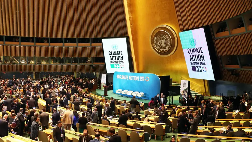 epa07864140 A general view on the Assembly hall during the 2019 Climate Action Summit which is being held in advance of the General Debate of the General Assembly of the United Nations at United Nations Headquarters in New York, New York, USA, 23 September 2019. World Leaders have been invited to speak at the event, which was organized by the United Nations Secretary-General Antonio Guterres, for the purpose of proposing plans for addressing global climate change. The General Debate of the 74th session of the UN General Assembly begins on 24 September. EPA/HAYOUNG JEON