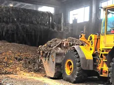 Belluco Bacino Padova Tre - raccolta e riciclaggio rifiuti. Nella foto: Sesa - Este, questa macchina movimento terra carica l'umido su una specie di nastro trasportatore Reportage discarica