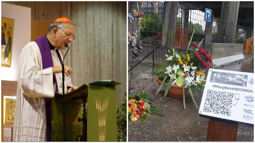Il patriarca di Venezia Moraglia durante la cerimonia e i fiori posti nel luogo dell'incidente