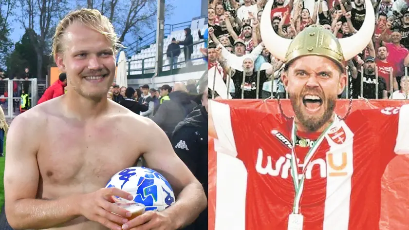 Joel Pohjanpalo durante il rito della birra a fine partita rigorosamente a petto nudo anche in inverno e Christian Gytkjaer in versione vichinga acclamato dai tifosi del Monza la scorsa stagione
