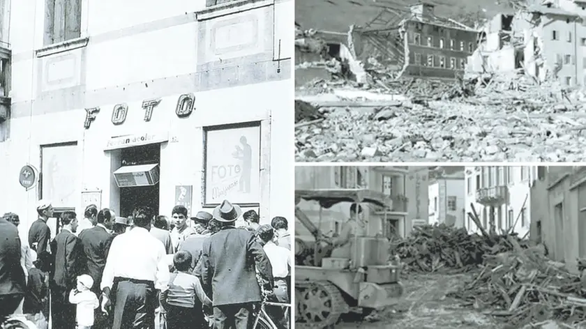 La folla davanti al negozio di Bepi Missinato per le ultime notizie sulla tragedia. Accanto, la devastazione dopo la frana del monte Toc