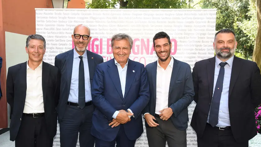 Interpress\M.Tagliapietra Venezia 25.07.2020.- Presentazione coalizione Luigi Brugnaro. Da sx Roberto Panciera, Michele Zuin, Luigi Brugnaro, Andrea Tomaello, Luca De Carlo.