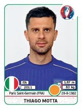 Thiago Motta sulle figurine Panini Uefa EURO2016 con gli ultimi aggiornamenti.ANSA/PANINI ANSA PROVIDES ACCESS TO THIS HANDOUT PHOTO TO BE USED SOLELY TO ILLUSTRATE NEWS REPORTING OR COMMENTARY ON THE FACTS OR EVENTS DEPICTED IN THIS IMAGE; NO ARCHIVING; NO LICENSING