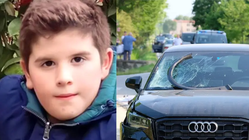 Andrea Marigo, il bambino di 12 anni morto dopo essere stato investito da un'auto. A destra un'immagine dell'incidente