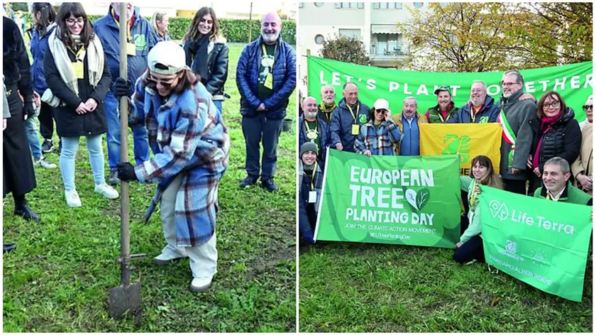 Elisa pianta un albero, a destra foto di gruppo con tutti i sostenitori del progetto “Music for the planet” di Legambiente (foto Agenzia Pòrcile)