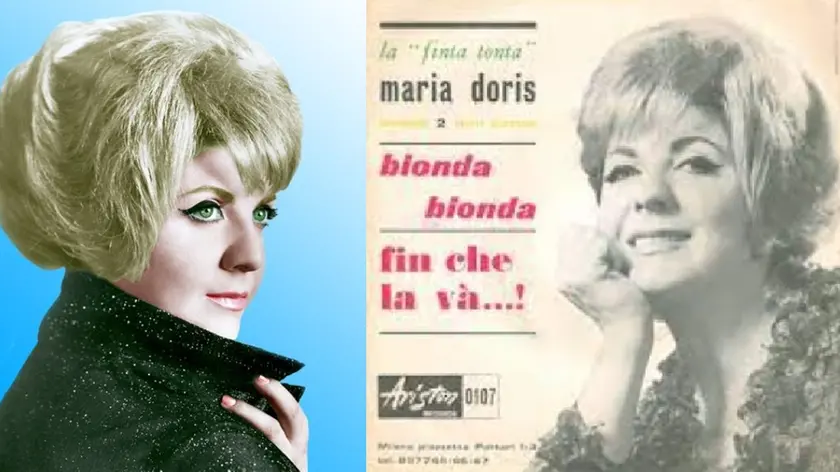 Maria Doris all'apice del successo e a destra nella copertina del suo celebre disco "La finta tonta"
