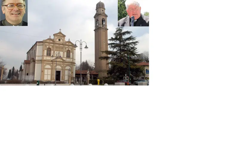 La chiesa di San Giorgio a Chirignago. A sinistra il parroco don Roberto Trevisiol, a destra don Armando Trevisiol