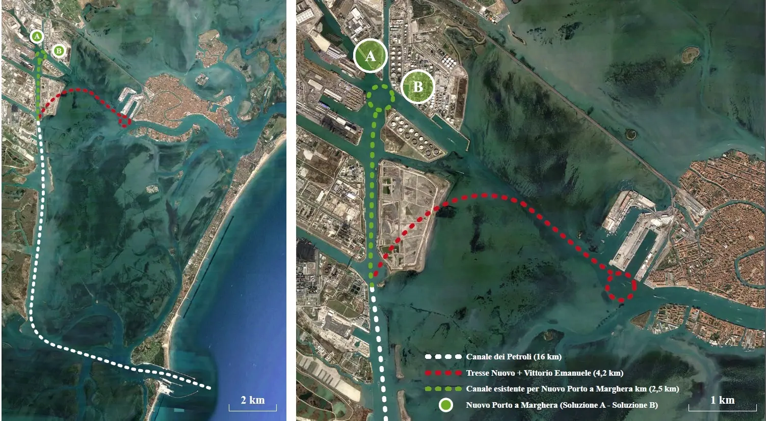 A confronto il tracciato per Porto Marghera e quello delle Tresse